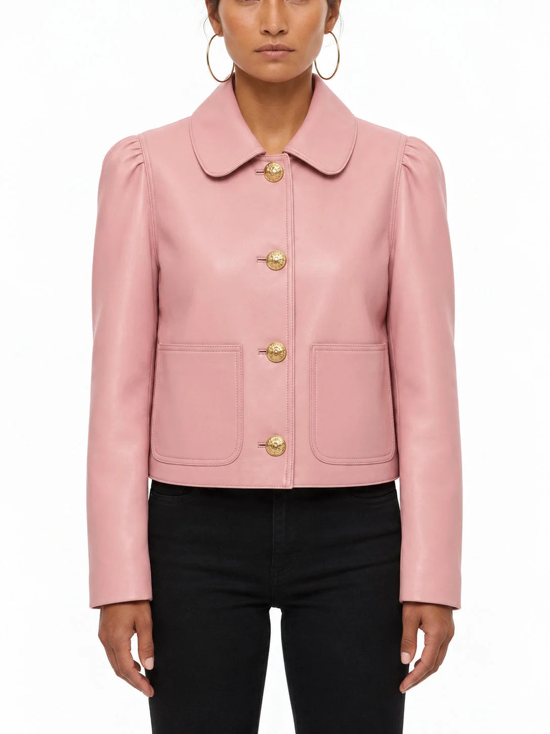 Pink Cropped Leather Jacket with Gold Buttons - S / Pink - Jackets