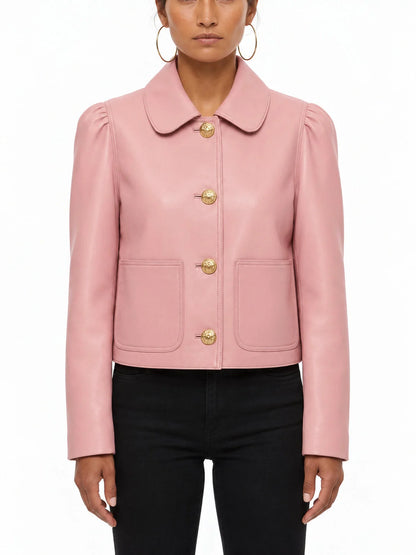 Pink Cropped Leather Jacket with Gold Buttons - S / Pink - Jackets
