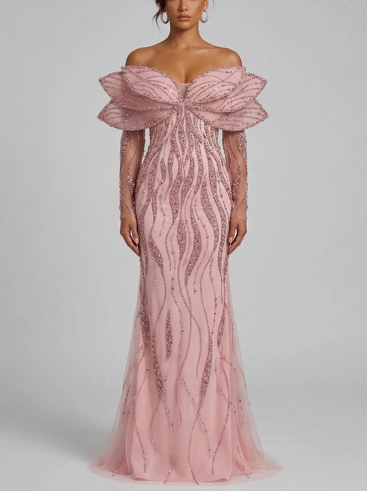 Pink Crystal Petal Shoulder Gown - S - Dresses