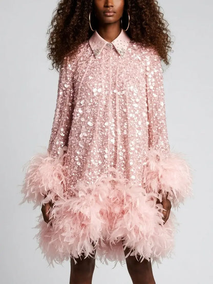 Pink Embellished Mini Dress with Feathers - XS - Dresses