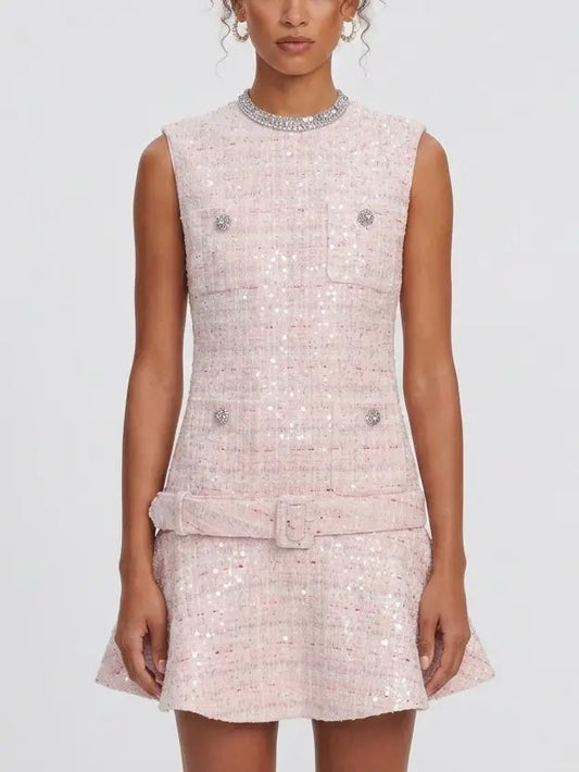 Pink Embellished Tweed Mini Dress - Small - Dresses