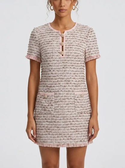 Pink Embellished Tweed Mini Dress - S - Suits & Sets