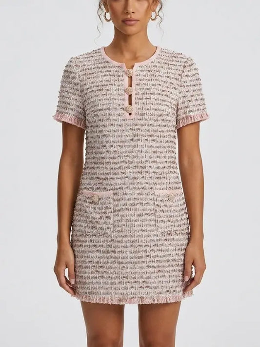 Pink Embellished Tweed Mini Dress - S - Suits & Sets