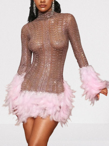 Pink Feather-Trimmed Crystal Embellished Mini Dress