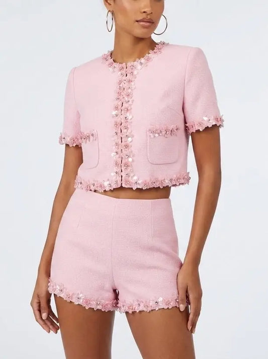 Pink Floral Applique Short Sleeve Jacket and Shorts Set - Small - Suits & Sets