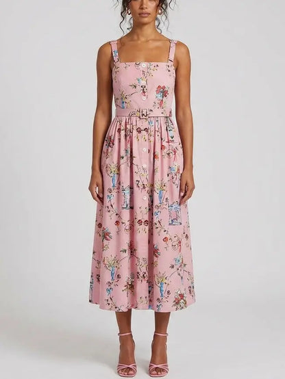 Pink Floral Cotton Button Front Midi Dress with Belt - S - Dresses