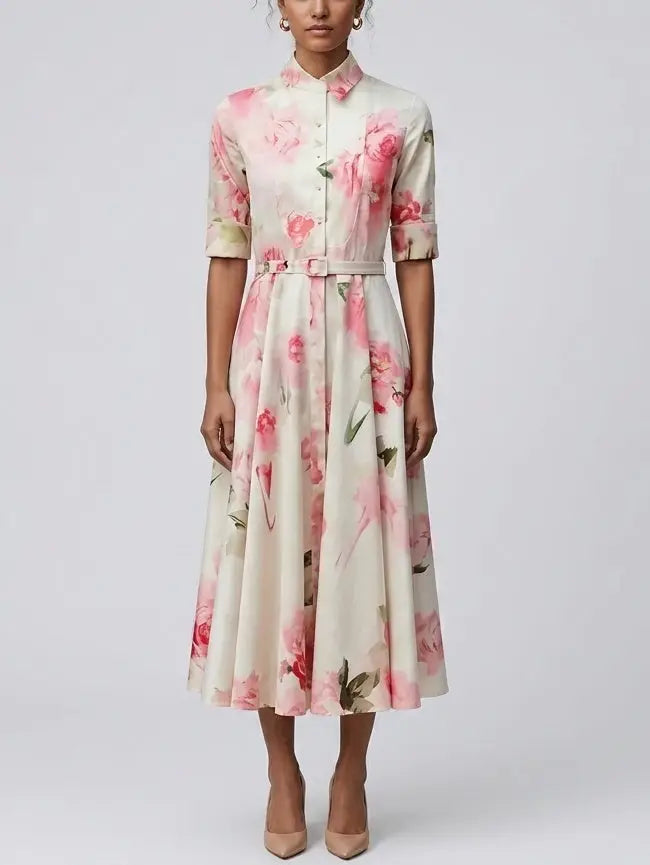 Pink Floral Cotton Shirt Midi Dress - S - Dresses