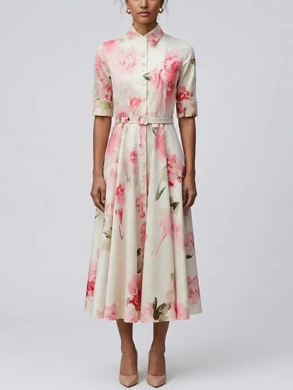 Pink Floral Cotton Shirt Midi Dress - S - Dresses