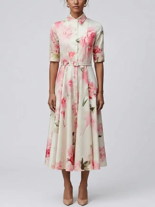 Pink Floral Cotton Shirt Midi Dress - S - Dresses