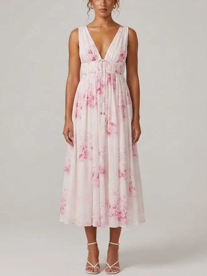 Pink Floral Cotton Voile Midi Dress - Small - Dresses