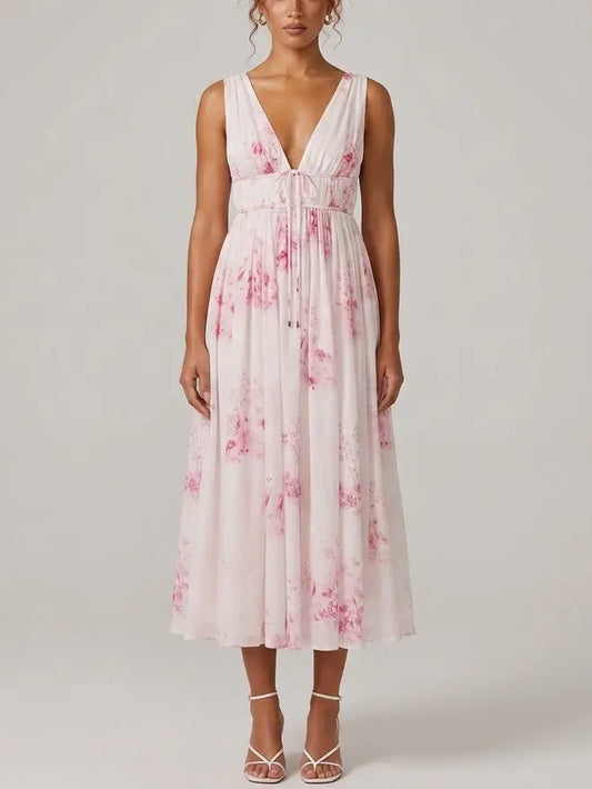 Pink Floral Cotton Voile Midi Dress - Small - Dresses