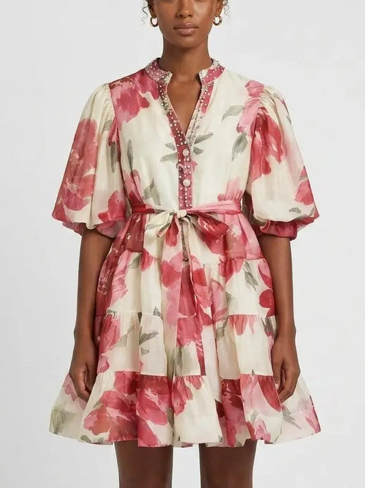 Pink Floral Tiered Mini Dress - S - Dresses