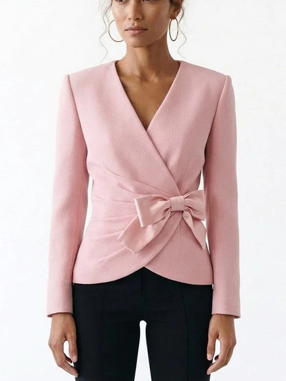 Pink Gathered Blazer with Satin Bow - S - Jackets