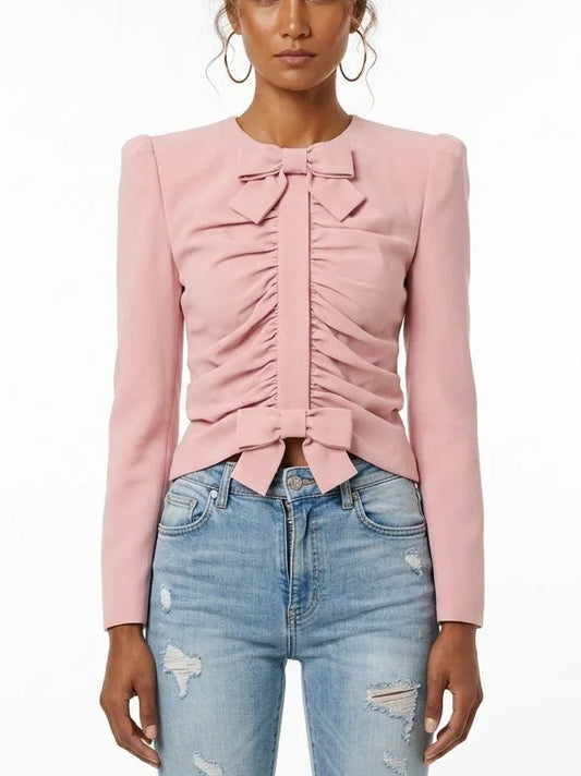 Pink Gathered Cropped Jacket with Bow Details - Small - Jackets