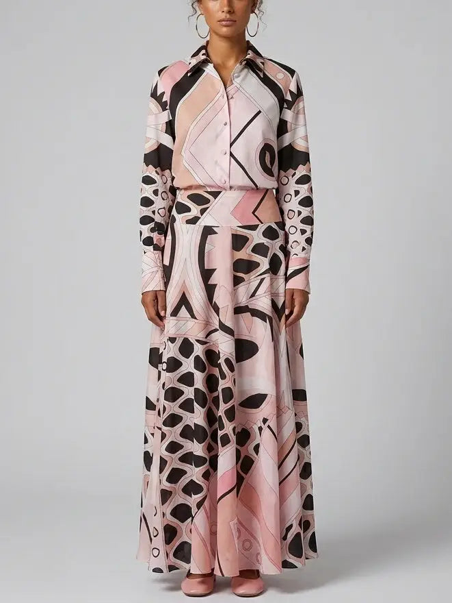 Pink Geometric Print Blouse and Maxi Skirt Set - S - Suits & Sets