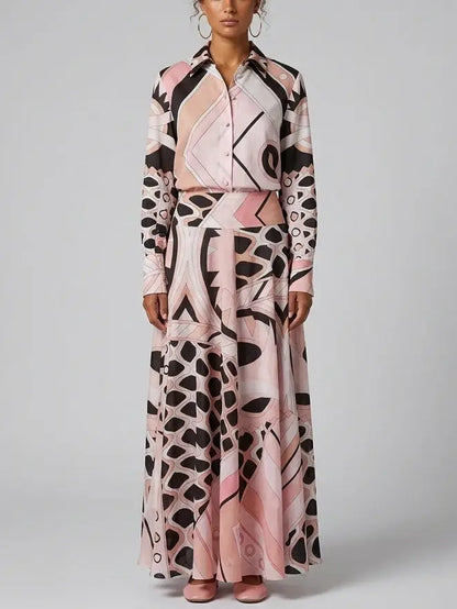 Pink Geometric Print Blouse and Maxi Skirt Set - S - Suits & Sets