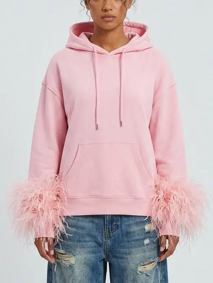 Pink Hoodie with Feather Trim Cuffs - Small - Tops