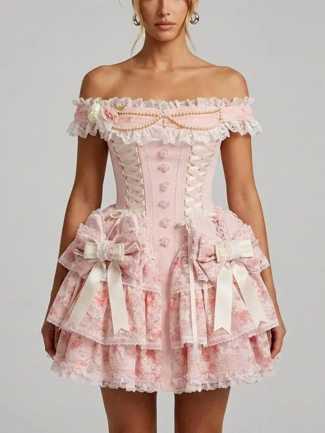 Pink Off-Shoulder Floral Mini Dress - S - Dresses