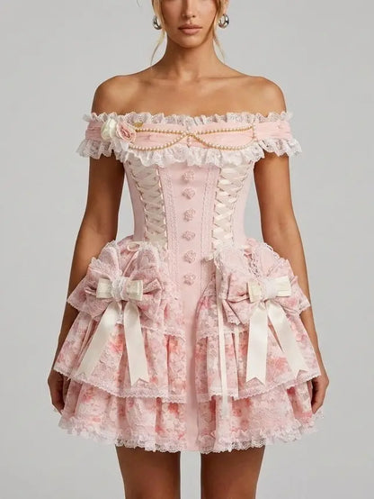 Pink Off-Shoulder Floral Mini Dress - S - Dresses