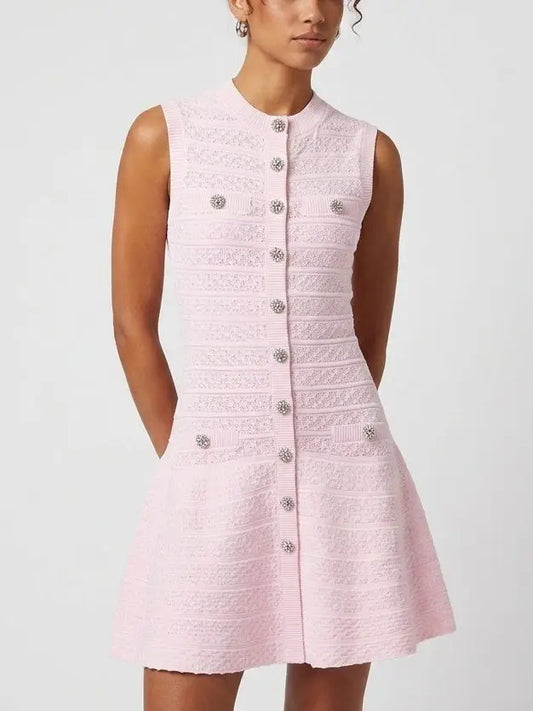 Pink Paneled Knit Button Front Mini Dress - Small - Dresses
