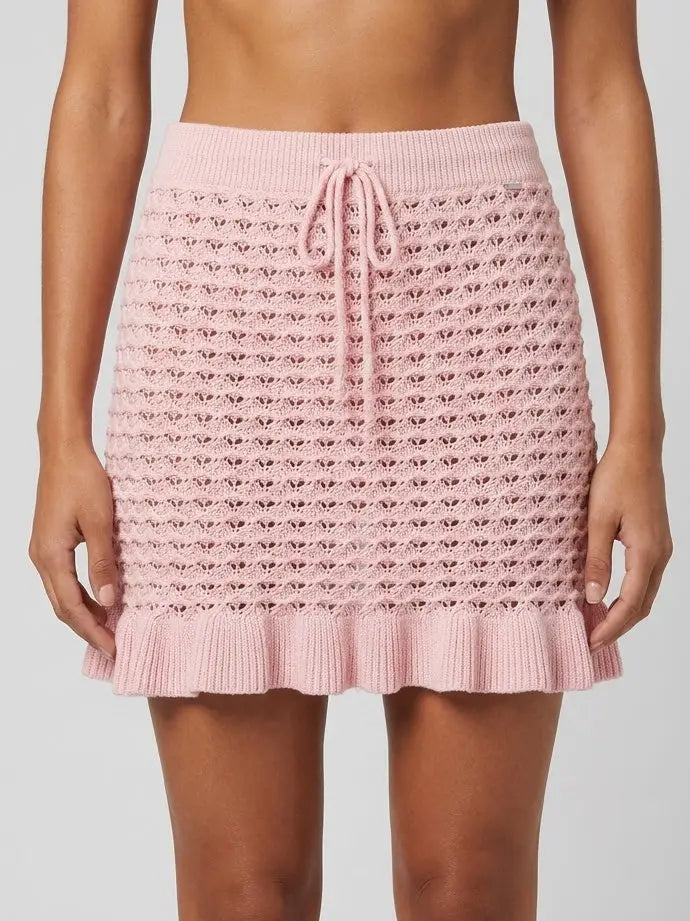 Pink Pointelle Knit Ruffle Mini Skirt - Small - Skirts