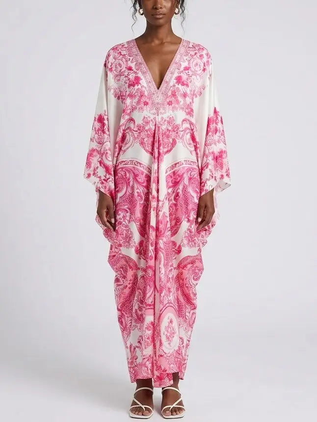 Tie-Waist Print V-Neck Silk Kaftan Dress in Pink Shades - One size - Dresses