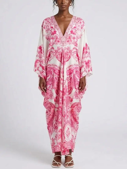 Tie-Waist Print V-Neck Silk Kaftan Dress in Pink Shades - One size - Dresses