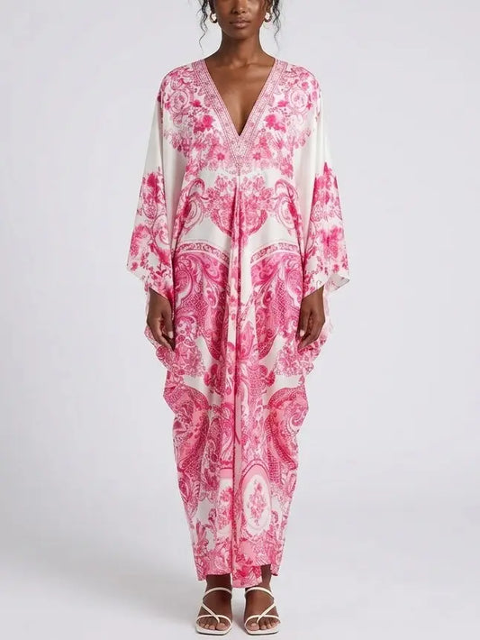 Tie-Waist Print V-Neck Silk Kaftan Dress in Pink Shades - One size - Dresses