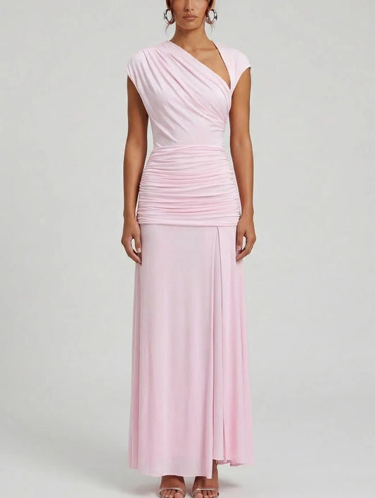 Pink Ruched Draped Jersey Maxi Dress - XS - Dresses