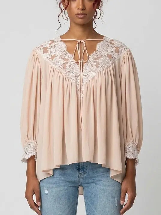 Pink Silk Lace Blouse with Tie Neck - Small - Tops