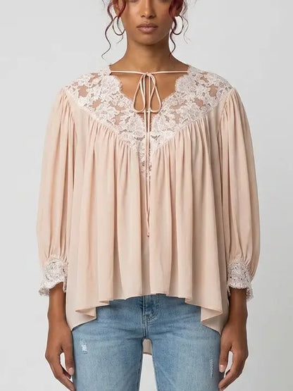 Pink Silk Lace Blouse with Tie Neck - Small - Tops