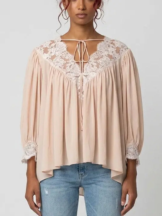 Pink Silk Lace Blouse with Tie Neck - Small - Tops
