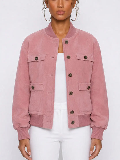 Pink Suede Bomber Jacket with Ornate Metal Buttons - S - Jackets