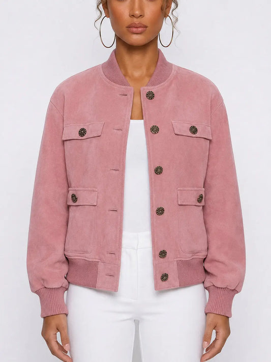 Pink Suede Bomber Jacket with Ornate Metal Buttons - S - Jackets