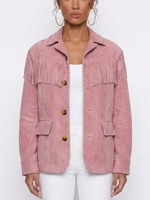 Pink Suede Fringe Jacket - S - Jackets