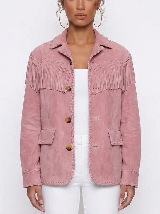 Pink Suede Fringe Jacket - S - Jackets