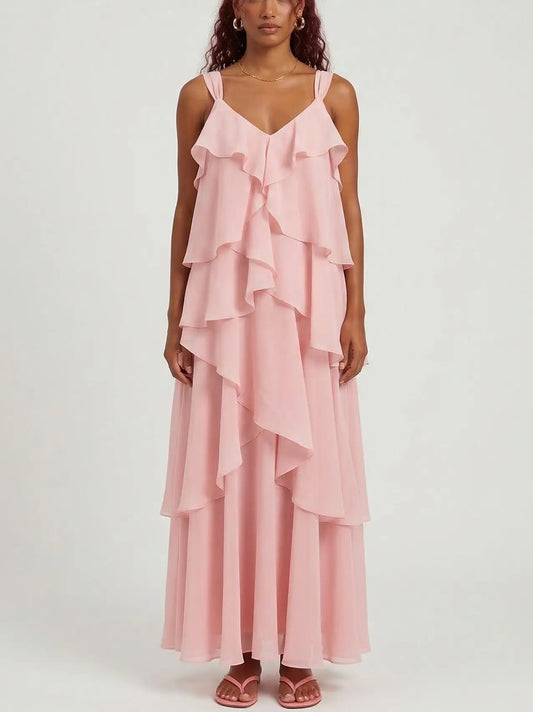 Pink Tiered Ruffle Chiffon Maxi Dress - S - Dresses
