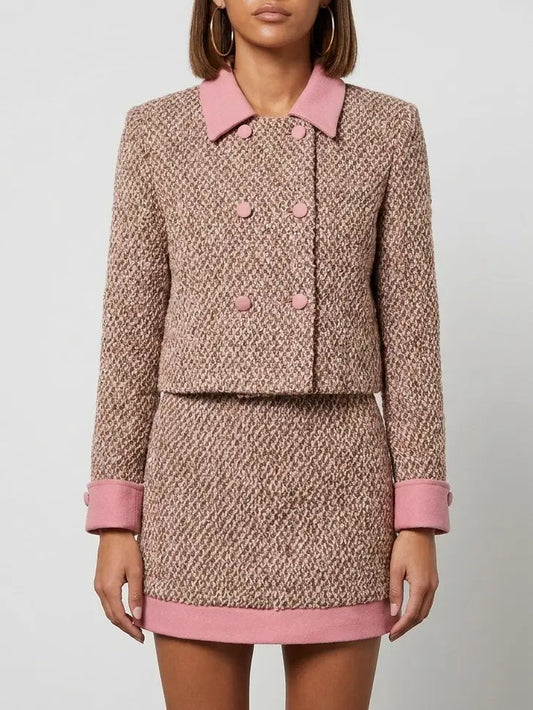 Pink Trim Tweed Cropped Jacket and Mini Skirt Set - S - Suits & Sets