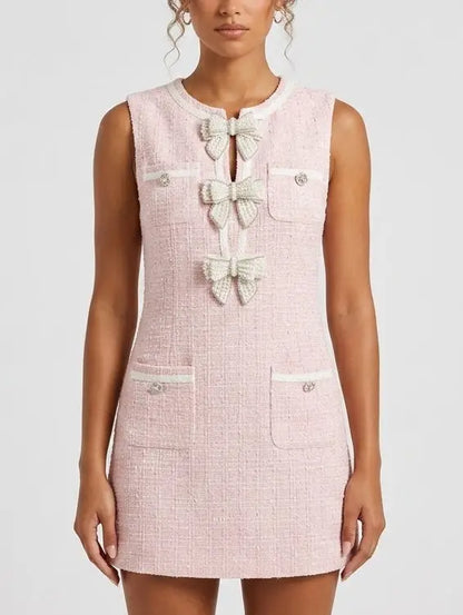 Pink Tweed Bow Detail Mini Dress - small - Dresses