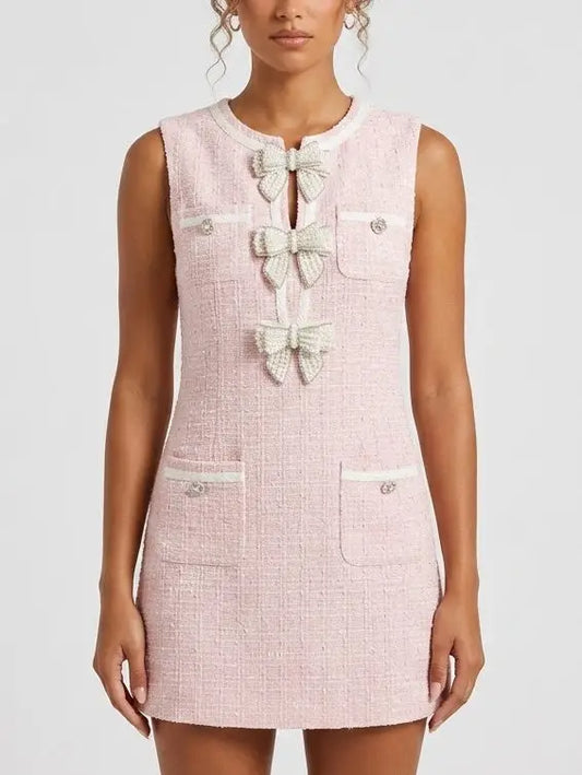 Pink Tweed Bow Detail Mini Dress - small - Dresses