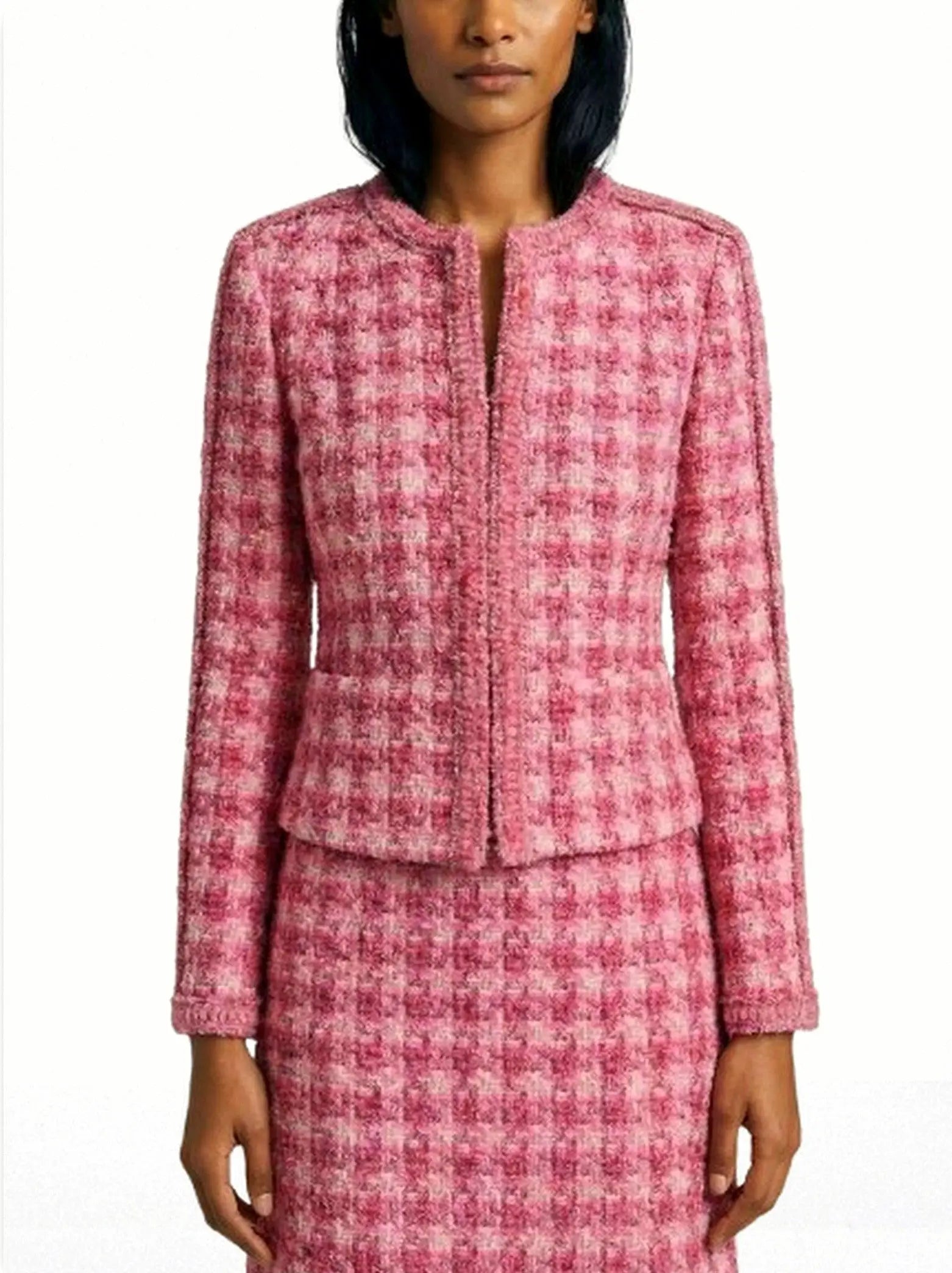 Pink Tweed Collarless Jacket - S - Jackets