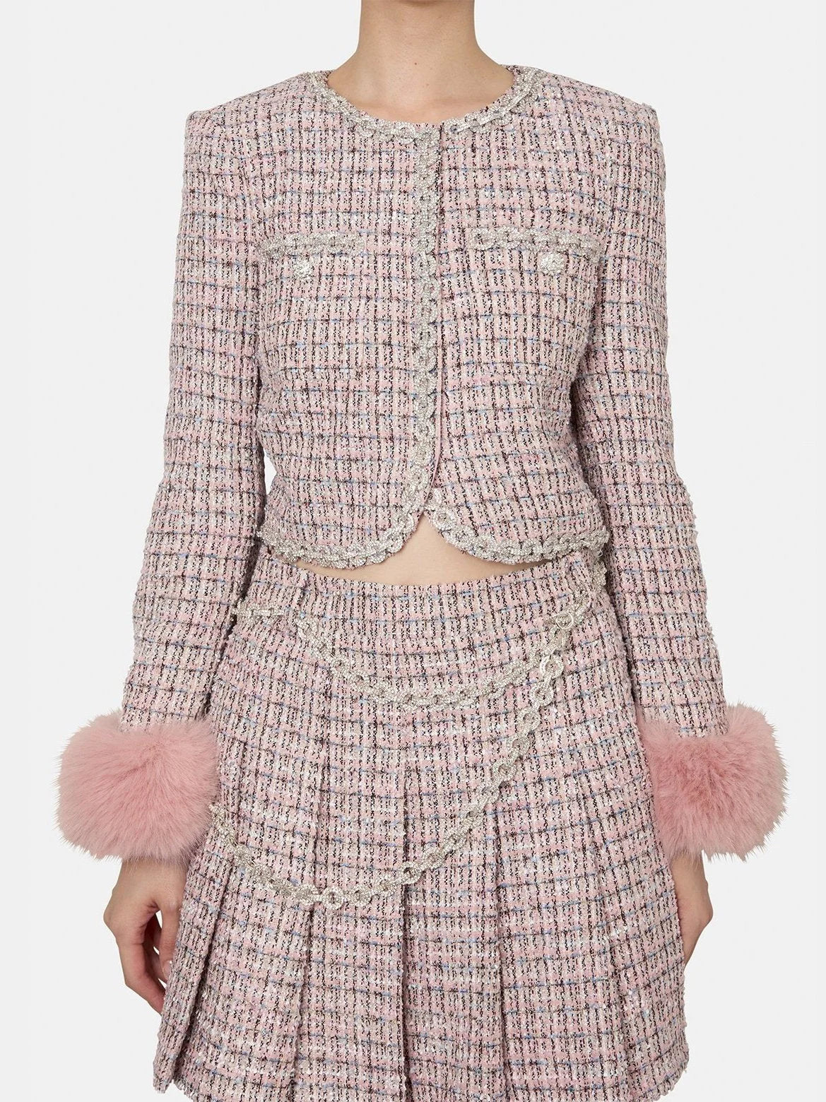 Pink Tweed Fur-Cuff Jacket and Skirt Set - Small - Suits & Sets