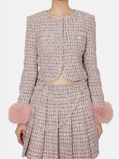 Pink Tweed Fur-Cuff Jacket and Skirt Set - Small - Suits & Sets