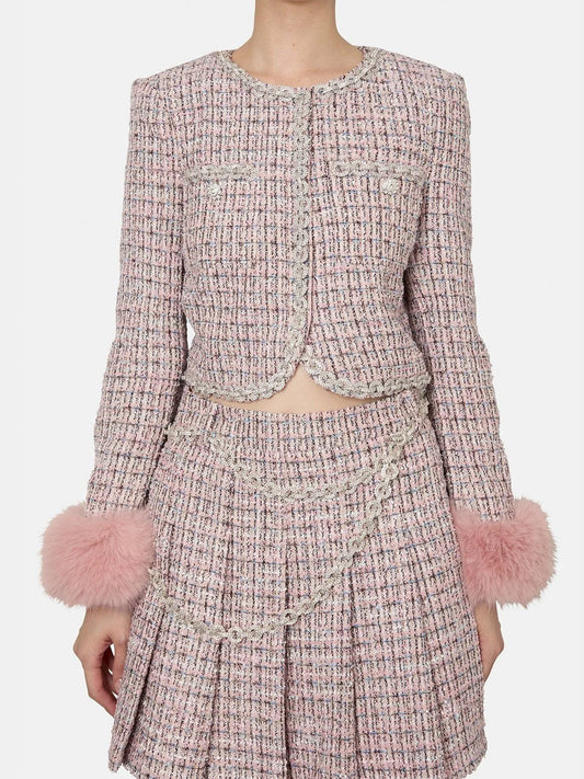 Pink Tweed Fur-Cuff Jacket and Skirt Set - Small - Suits & Sets