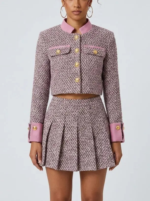 Pink Tweed Jacket and Pleated Mini Skirt Set - Small - Suits & Sets