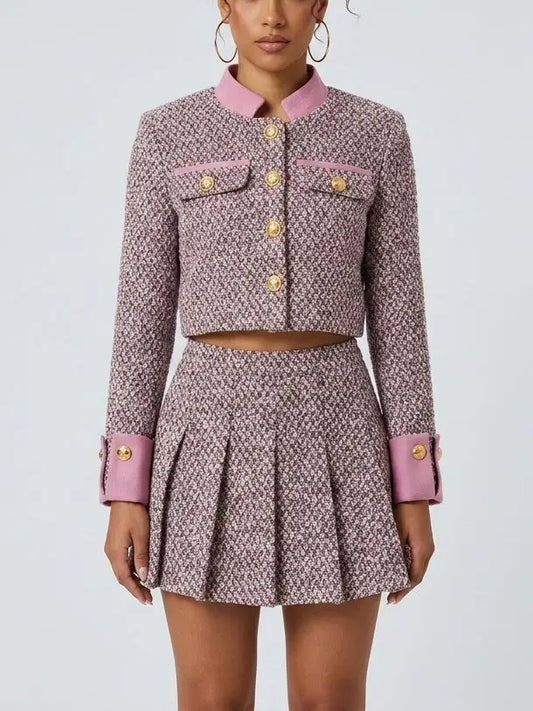 Pink Tweed Jacket and Pleated Mini Skirt Set - Small - Suits & Sets