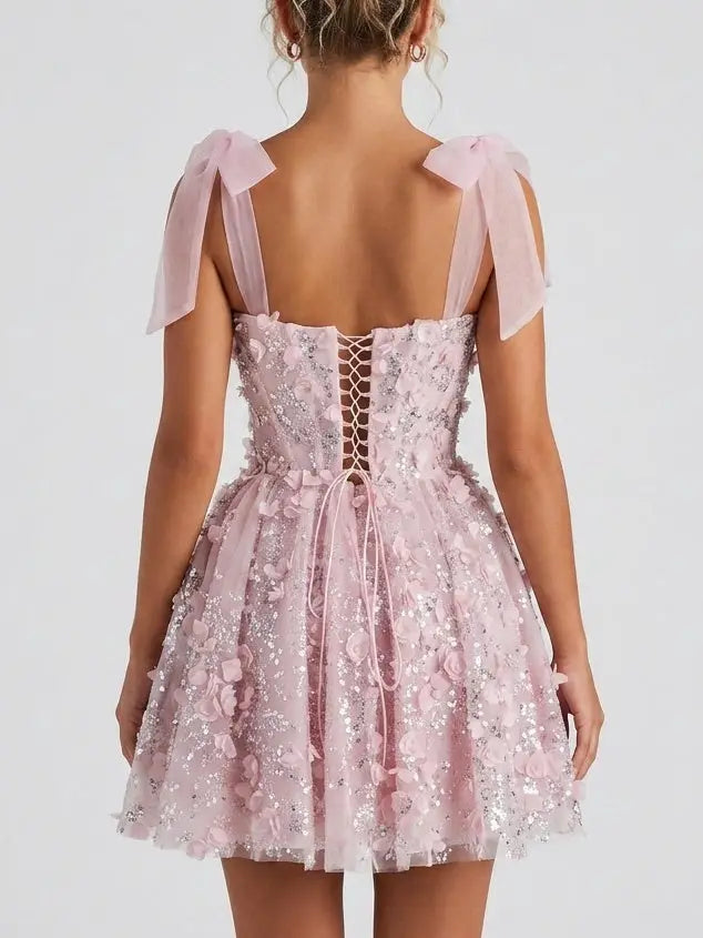 Pink 3D Floral Appliqué Beaded Tulle Dress - Dresses