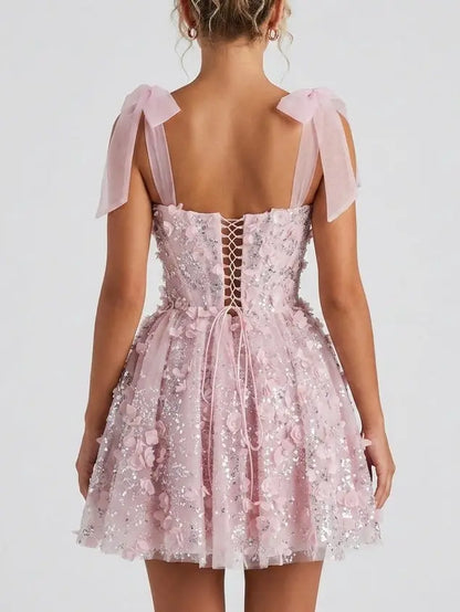 Pink 3D Floral Appliqué Beaded Tulle Dress - Dresses