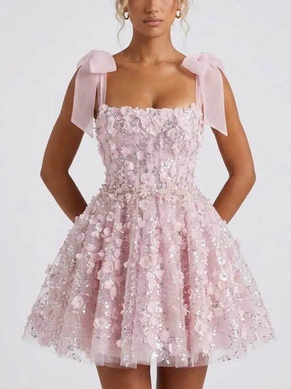 Pink 3D Floral Appliqué Beaded Tulle Dress - Dresses