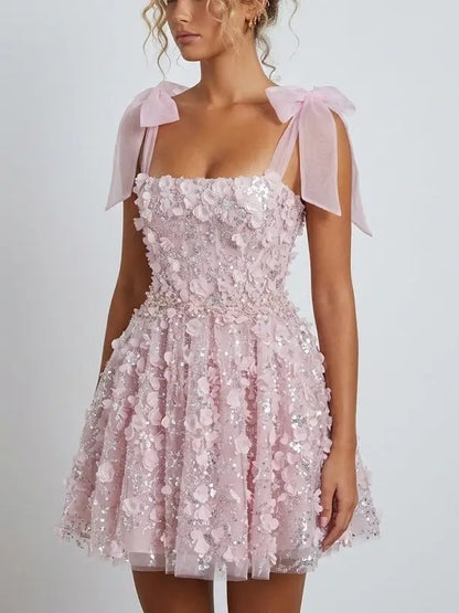 Pink 3D Floral Appliqué Beaded Tulle Dress - Dresses